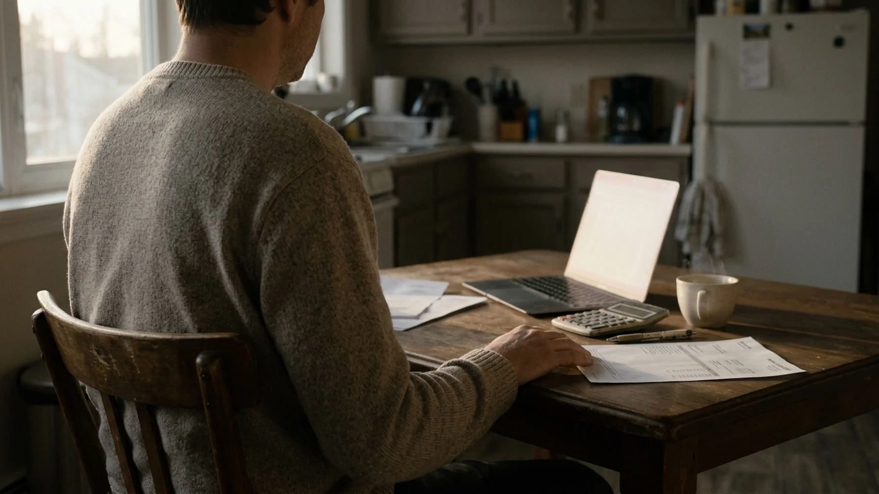 Person at a kitchen table reviewing a bank statement next to a laptop, with a calculator and coffee cup in frame