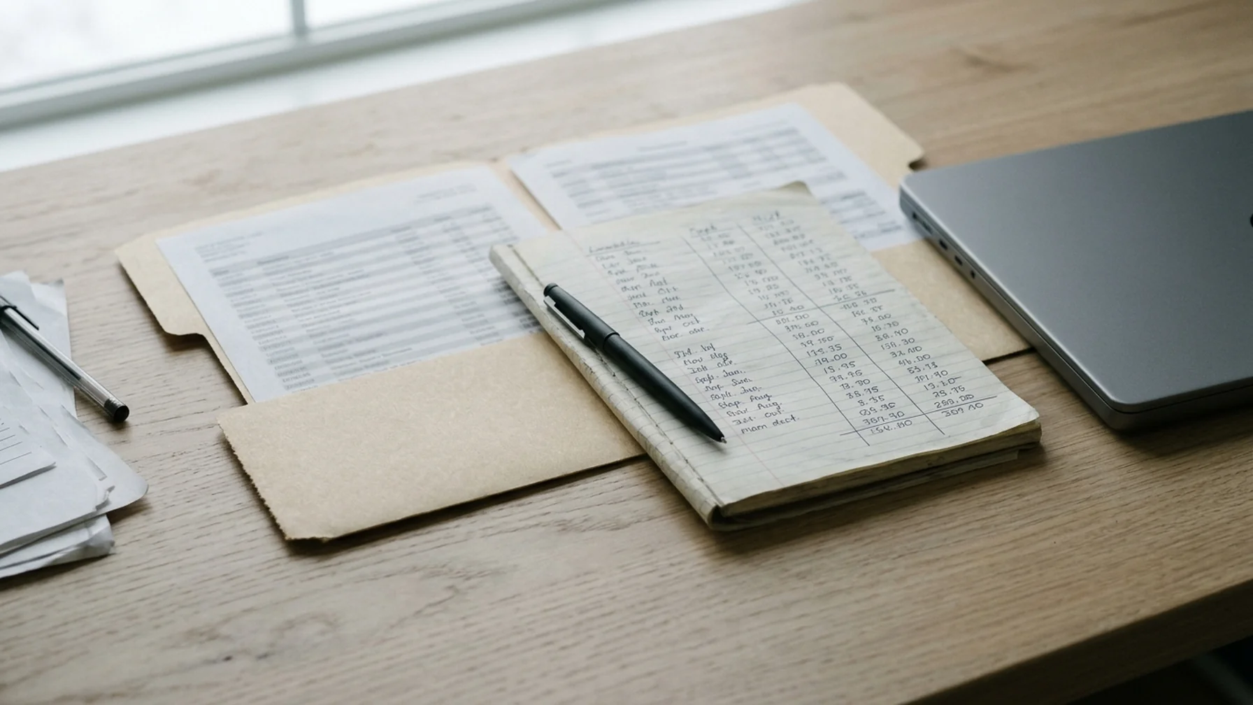 Folder of printed transaction records and a notebook with handwritten columns on a desk beside a closed laptop