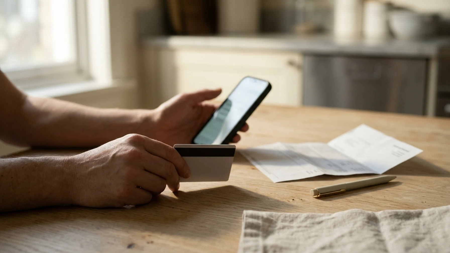 Hands holding a bank card next to a phone with a withdrawal pending screen, a paper statement and pen on a kitchen table