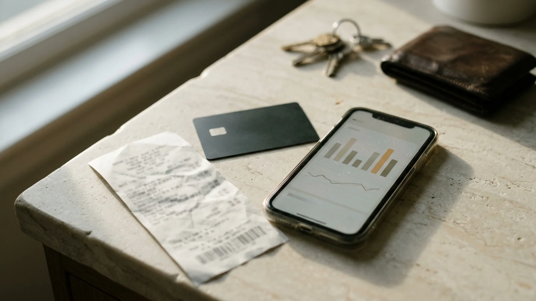 A grocery receipt and a card on a counter beside a phone showing a spending summary, with a wallet and keys in the background