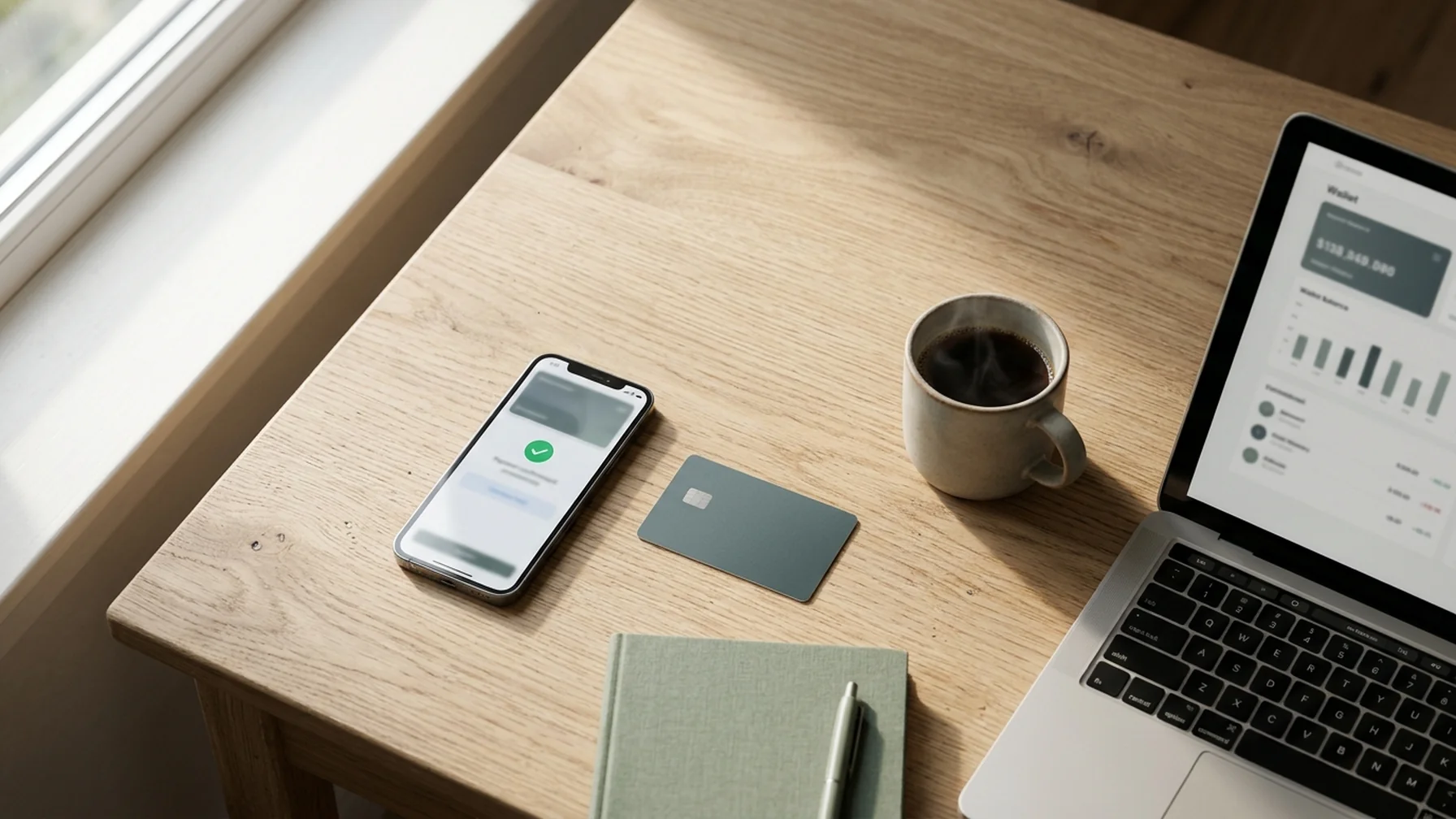A phone on a wooden desk showing a payment confirmation, a bank card beside it and a laptop open to a wallet balance in soft window light