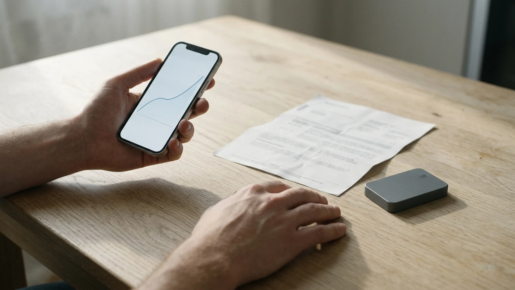 A person at a kitchen table comparing a phone showing a crypto balance with a paper bank statement, a card reader and a coffee mug nearby in morning light.